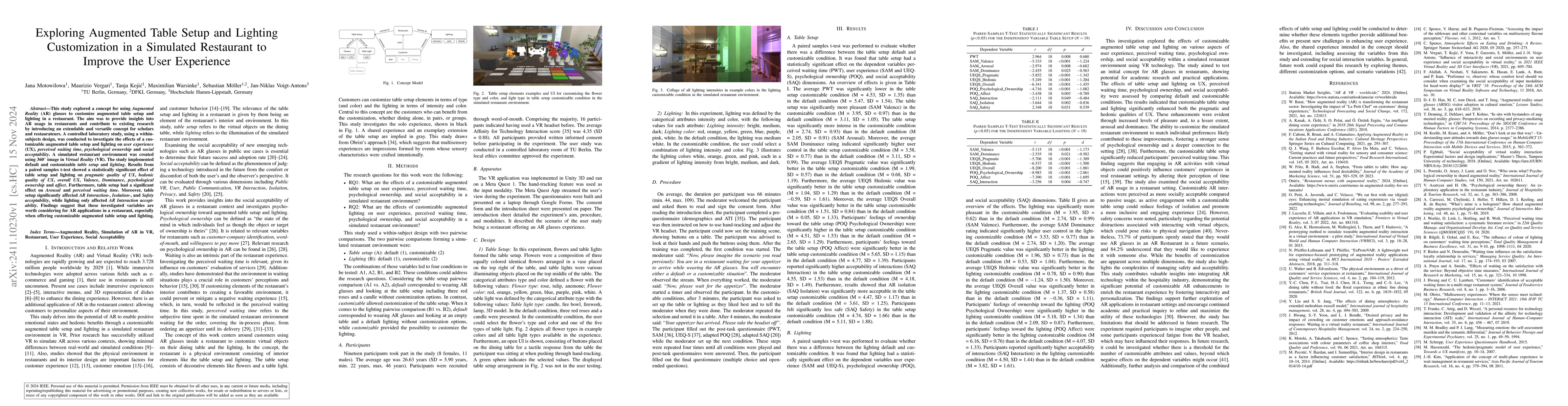 Thumbnail for Exploring Augmented Table Setup and Lighting Customization in a
  Simulated Restaurant to Improve the User Experience