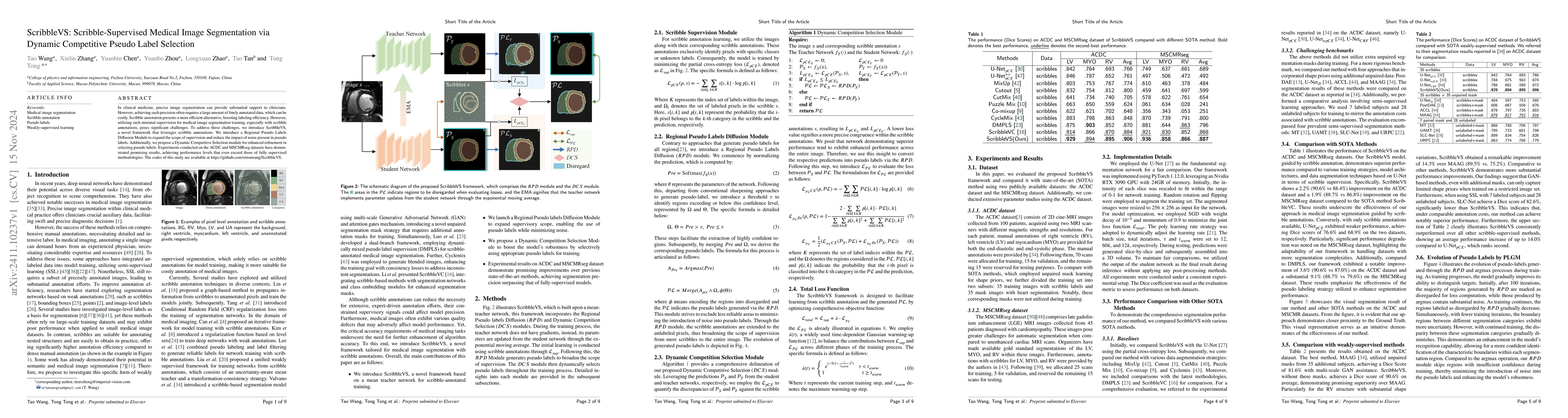 Thumbnail for ScribbleVS: Scribble-Supervised Medical Image Segmentation via Dynamic
  Competitive Pseudo Label Selection