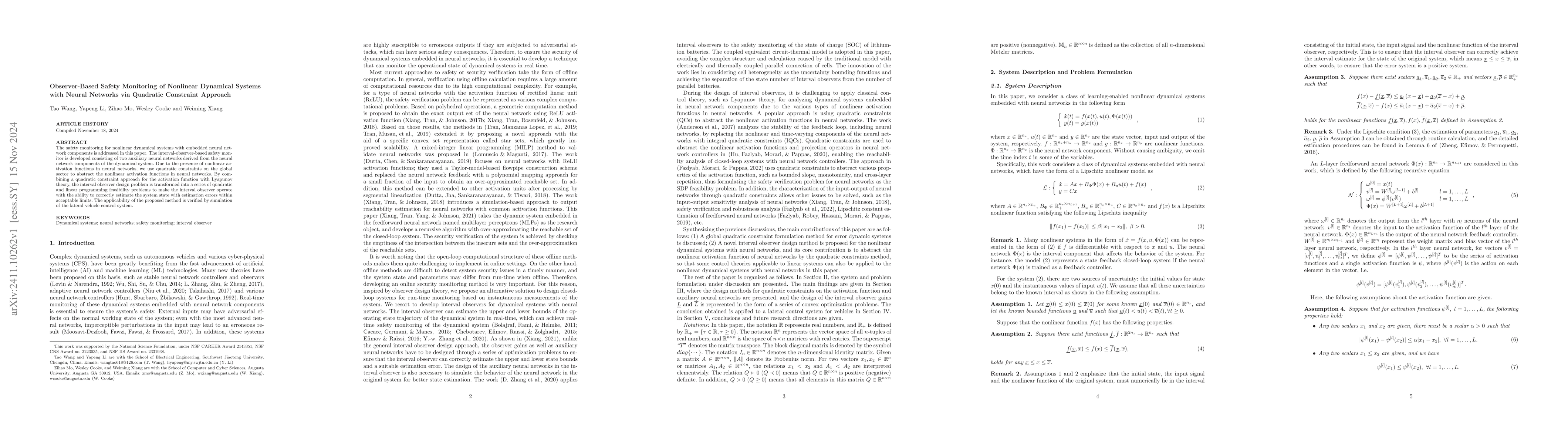 Thumbnail for Observer-Based Safety Monitoring of Nonlinear Dynamical Systems with
  Neural Networks via Quadratic Constraint Approach
