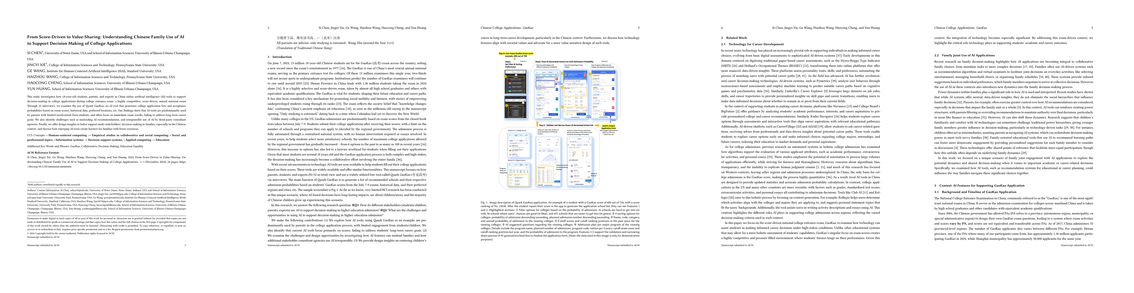 Thumbnail for From Score-Driven to Value-Sharing: Understanding Chinese Family Use of
  AI to Support Decision Making of College Applications