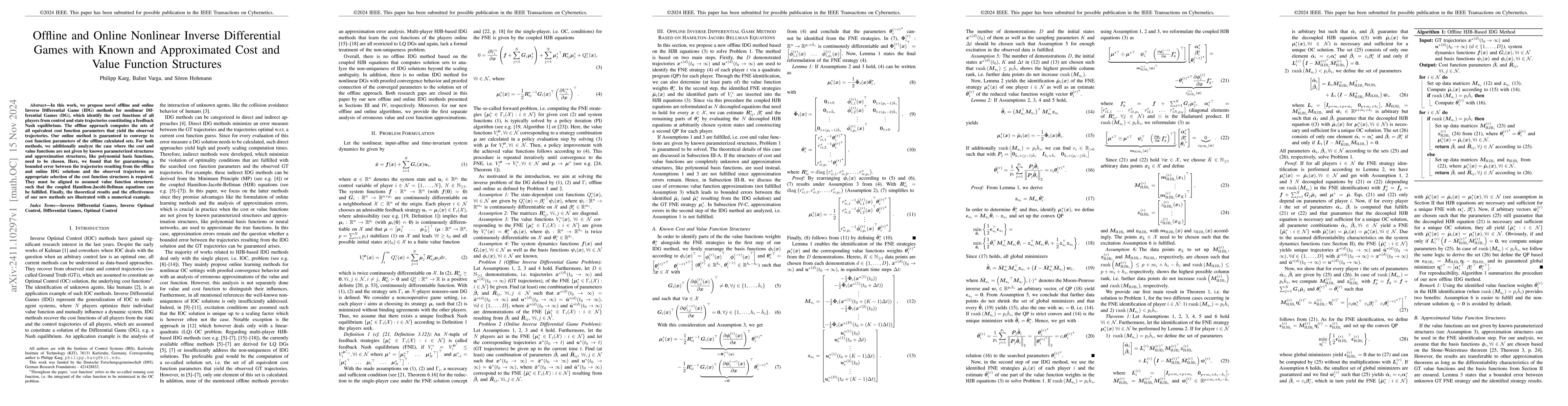 Thumbnail for Offline and Online Nonlinear Inverse Differential Games with Known and
  Approximated Cost and Value Function Structures