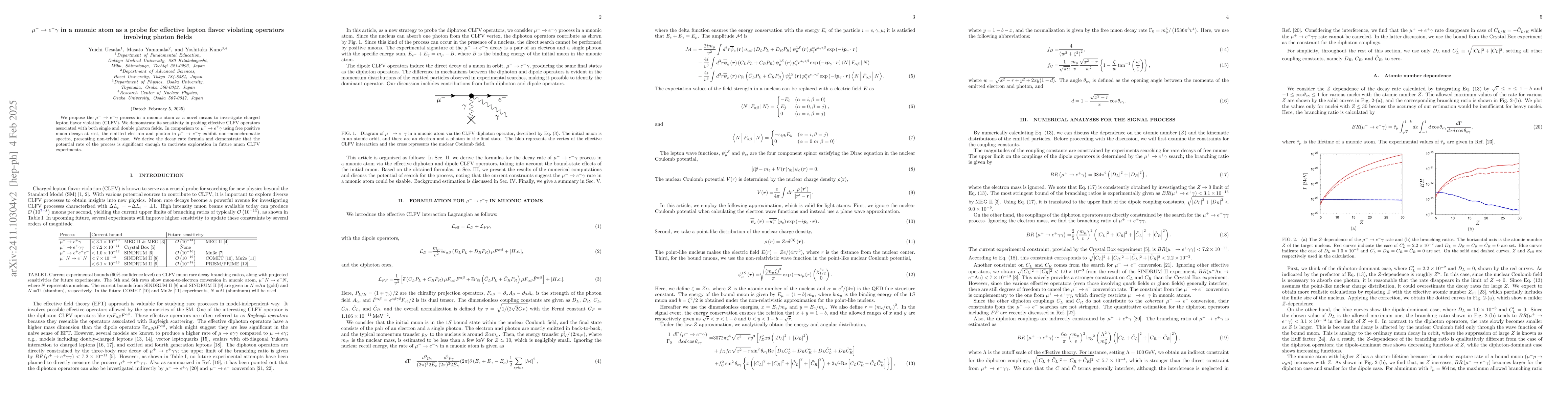 Thumbnail for $μ^- \to e^-γ$ in a muonic atom as a probe for effective lepton
  flavor-violating operators involving photon fields