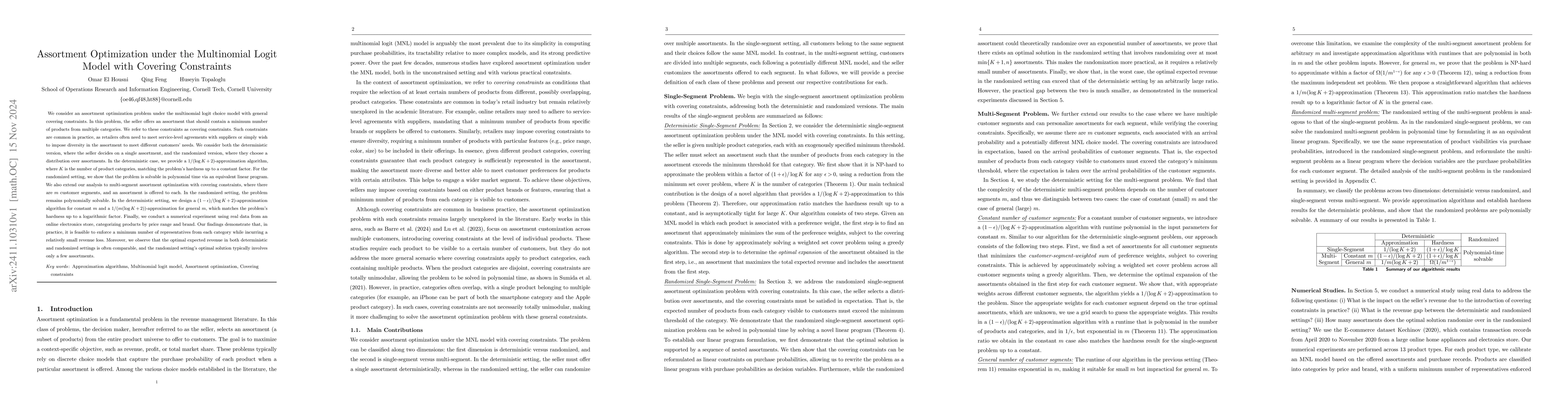 Thumbnail for Assortment Optimization under the Multinomial Logit Model with Covering
  Constraints