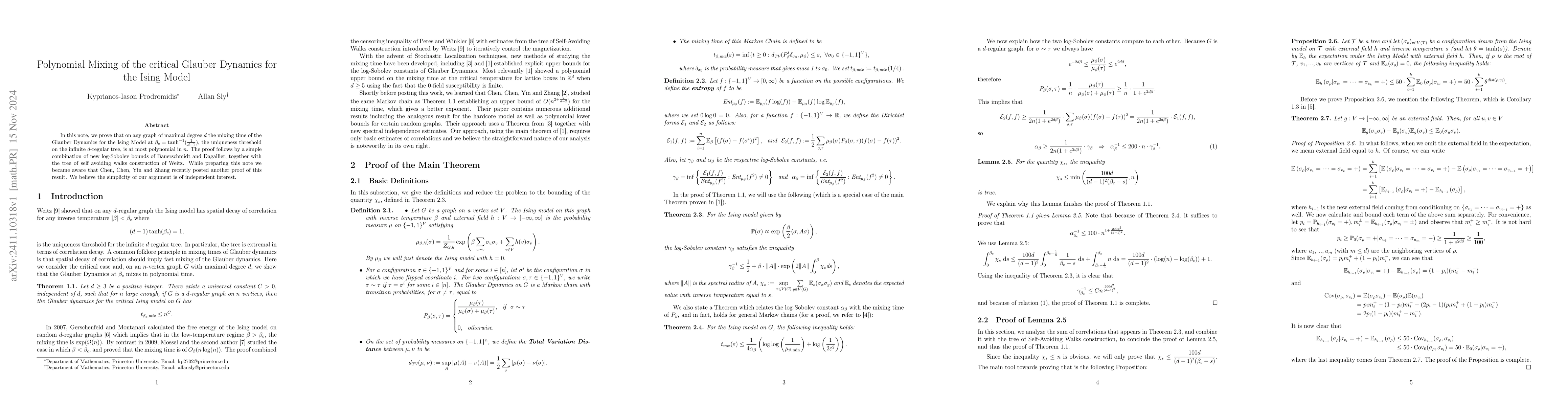 Thumbnail for Polynomial Mixing of the critical Glauber Dynamics for the Ising Model