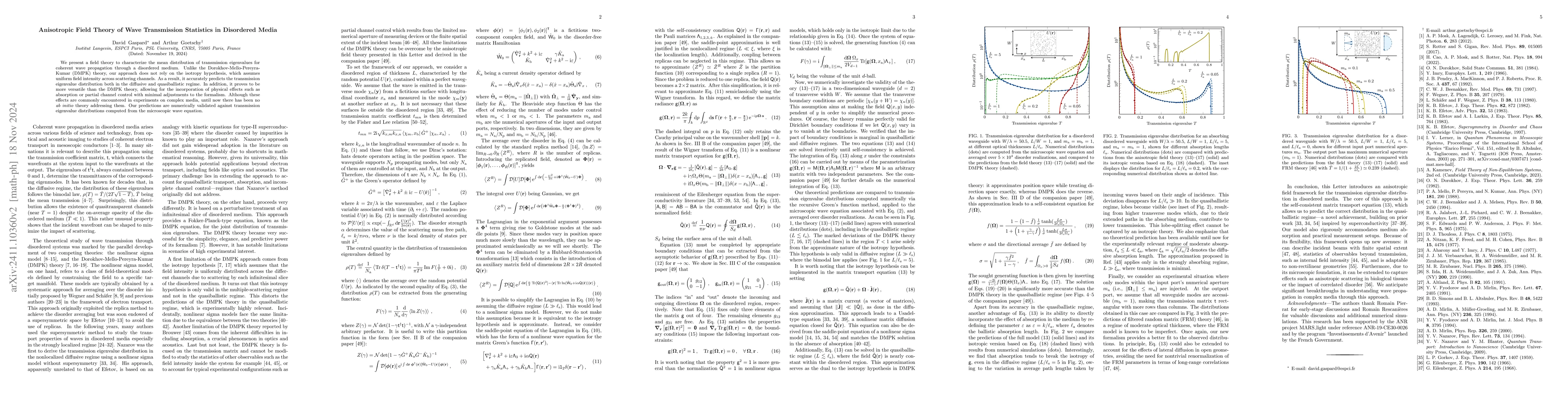 Thumbnail for Anisotropic Field Theory of Wave Transmission Statistics in Disordered
  Media