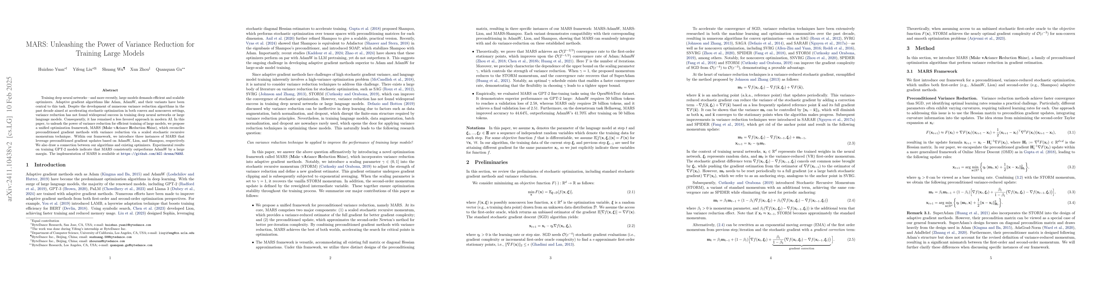 Thumbnail for MARS: Unleashing the Power of Variance Reduction for Training Large
  Models