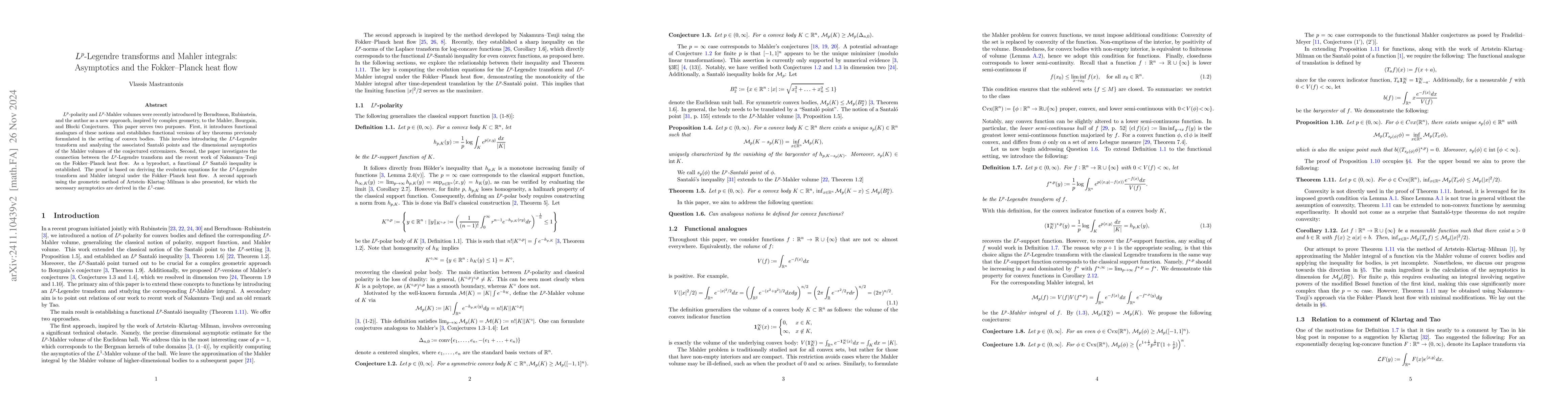 Thumbnail for $L^p$-Legendre Transforms and Mahler integrals: Asymptotics and the
  Fokker--Planck heat flow
