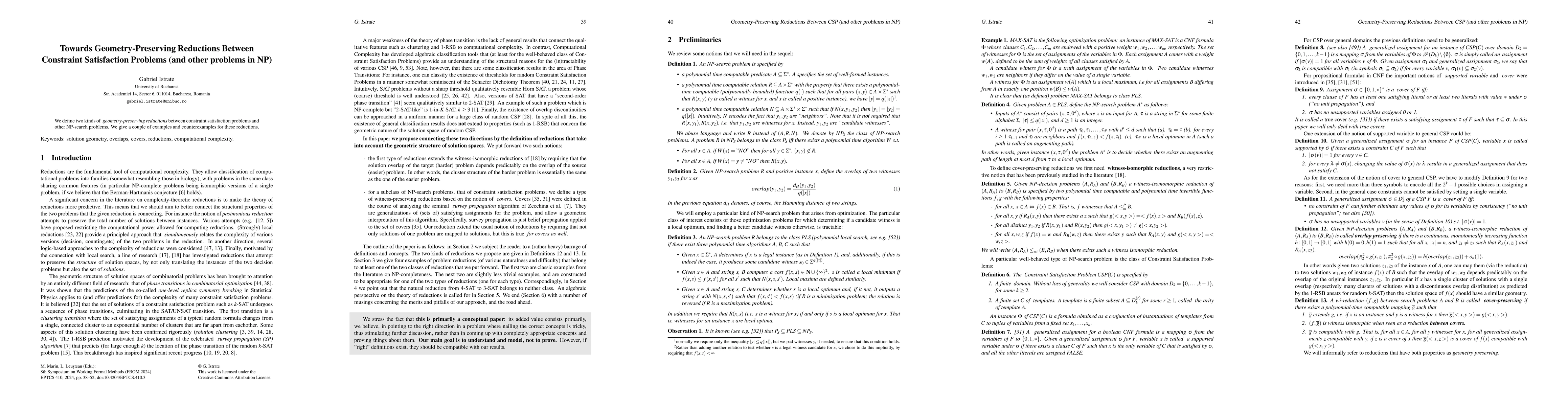 Thumbnail for Towards Geometry-Preserving Reductions Between Constraint Satisfaction
  Problems (and other problems in NP)
