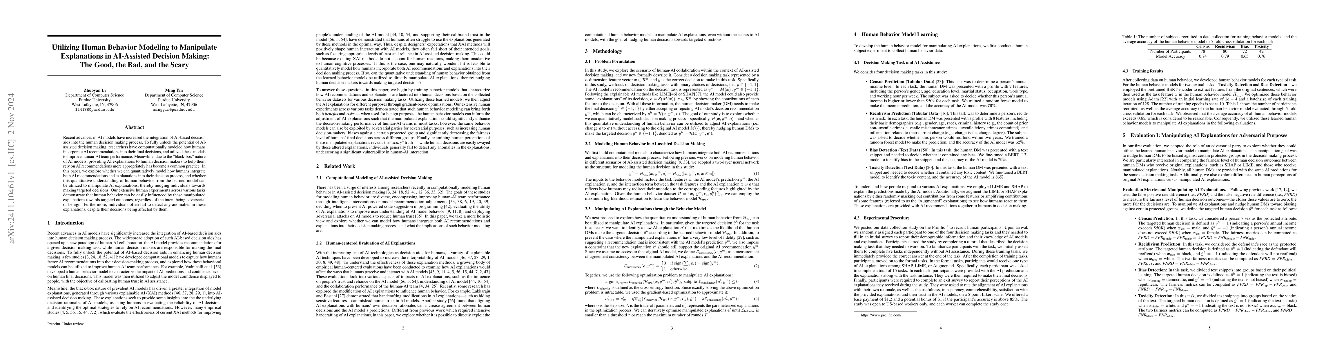 Thumbnail for Utilizing Human Behavior Modeling to Manipulate Explanations in
  AI-Assisted Decision Making: The Good, the Bad, and the Scary
