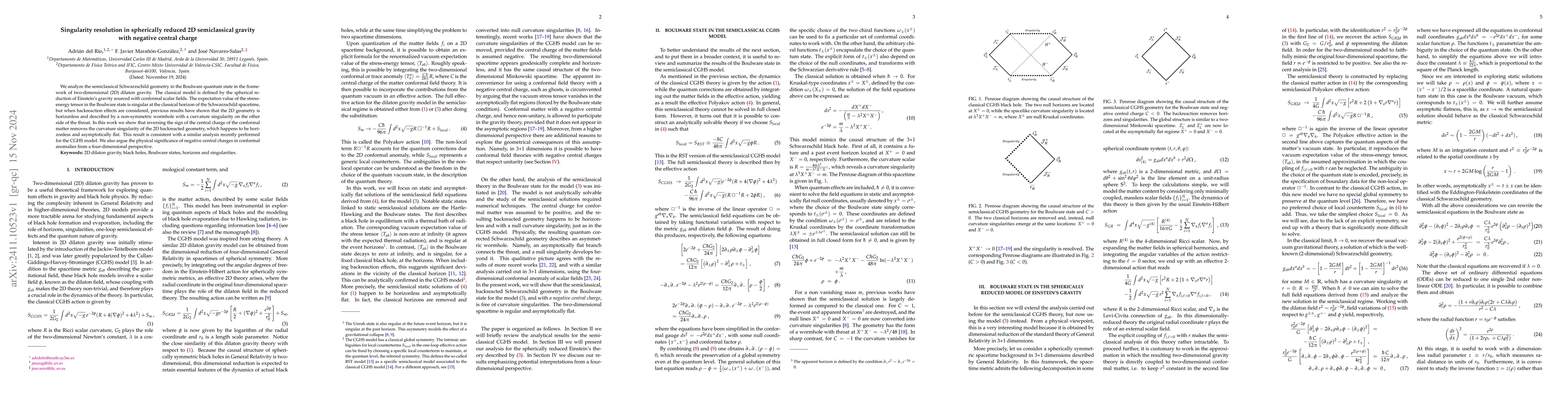 Thumbnail for Singularity resolution in spherically reduced 2D semiclassical gravity
  with negative central charge