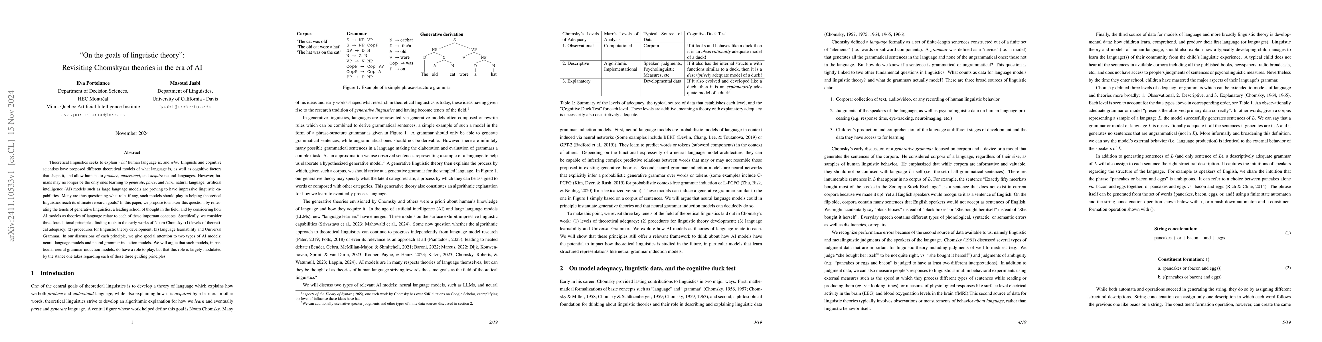 Thumbnail for "On the goals of linguistic theory": Revisiting Chomskyan theories in
  the era of AI