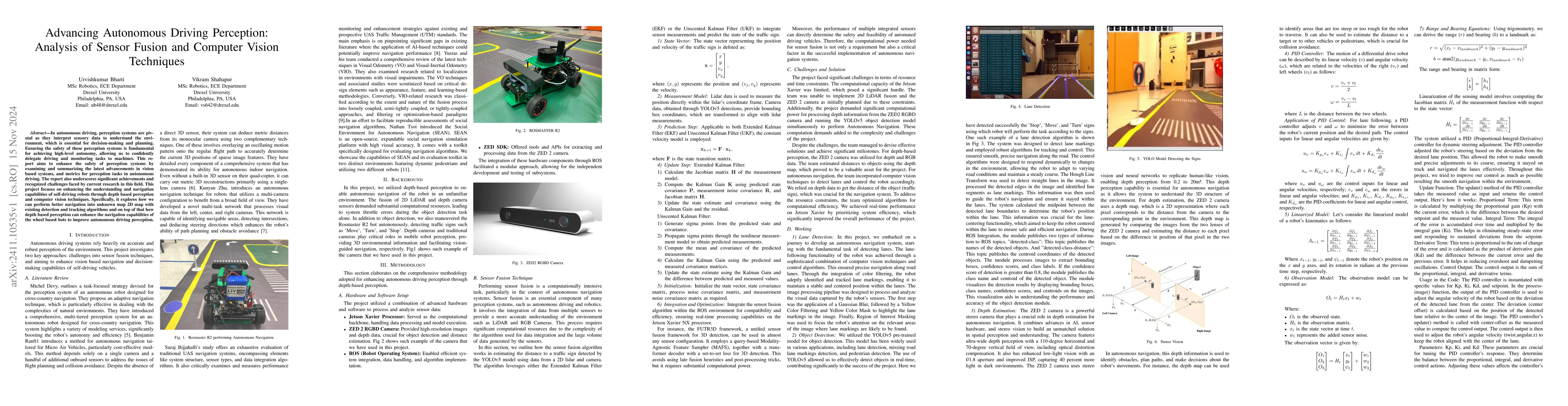 Thumbnail for Advancing Autonomous Driving Perception: Analysis of Sensor Fusion and
  Computer Vision Techniques