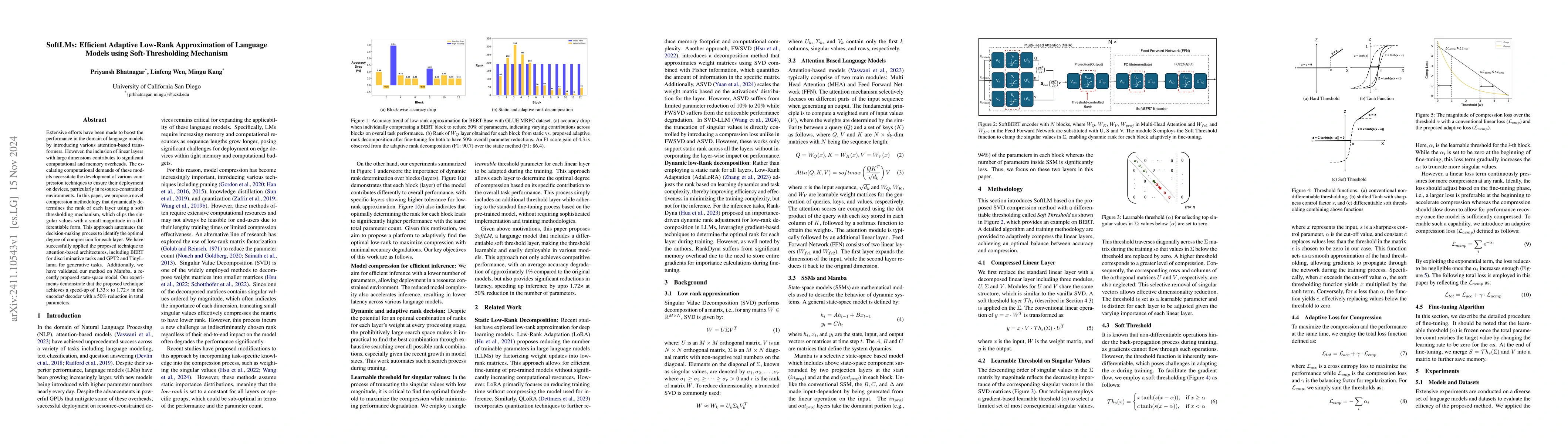 Thumbnail for SoftLMs: Efficient Adaptive Low-Rank Approximation of Language Models
  using Soft-Thresholding Mechanism