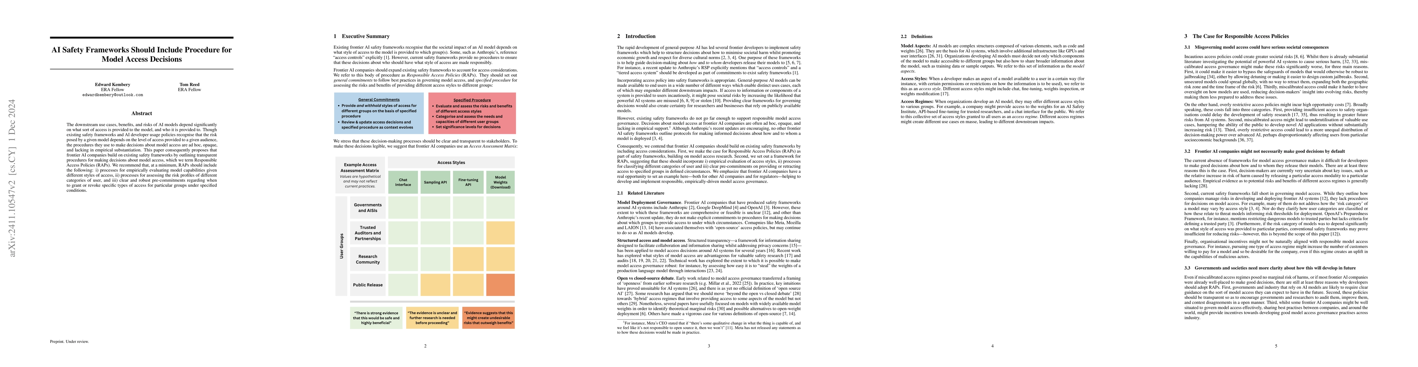 Thumbnail for AI Safety Frameworks Should Include Procedures for Model Access
  Decisions