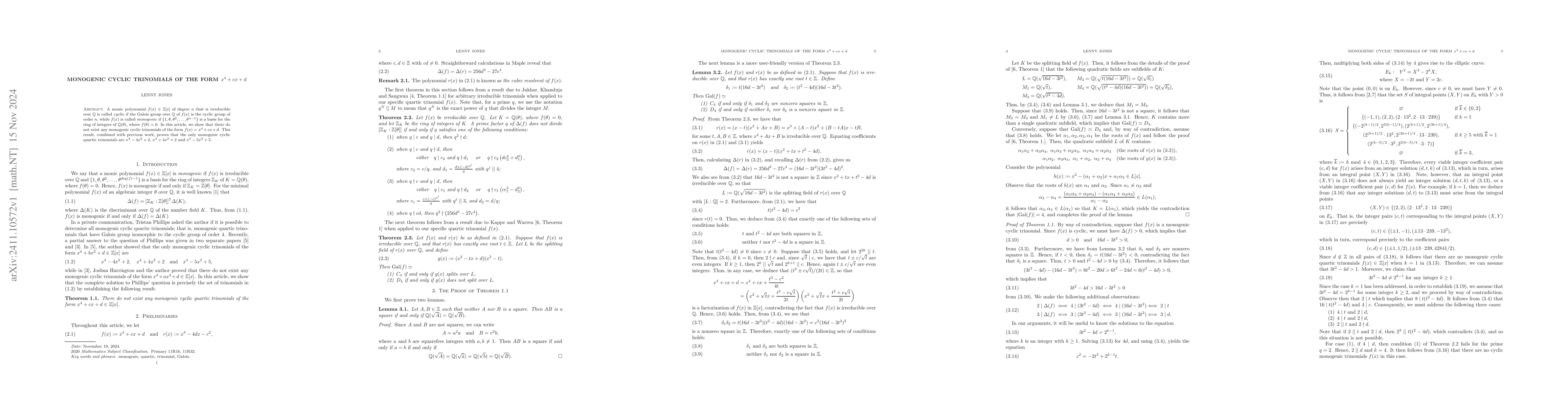 Thumbnail for Monogenic cyclic trinomials of the form $x^4+cx+d$