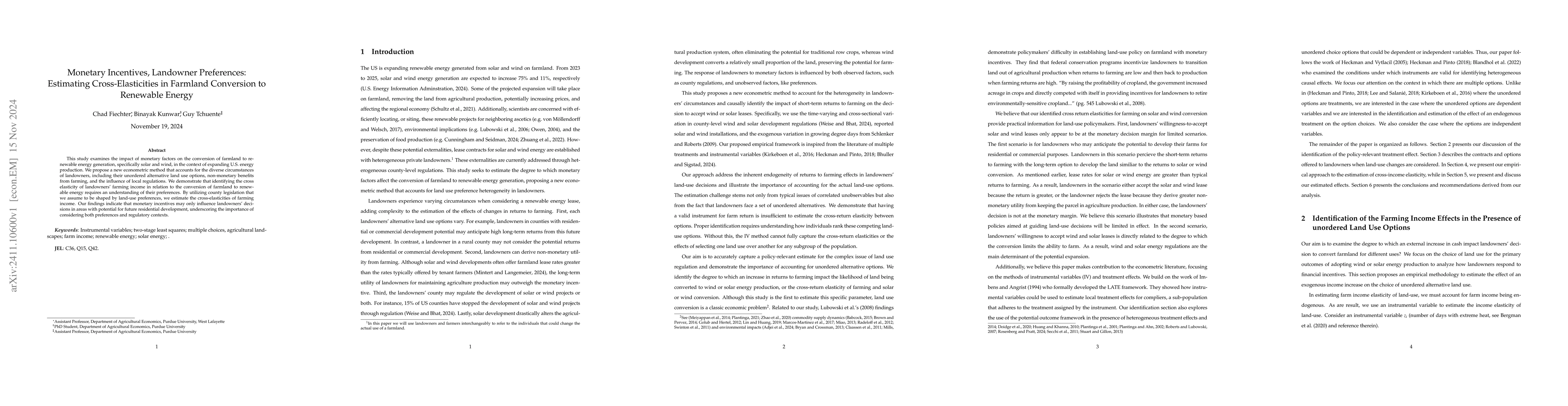 Thumbnail for Monetary Incentives, Landowner Preferences: Estimating
  Cross-Elasticities in Farmland Conversion to Renewable Energy