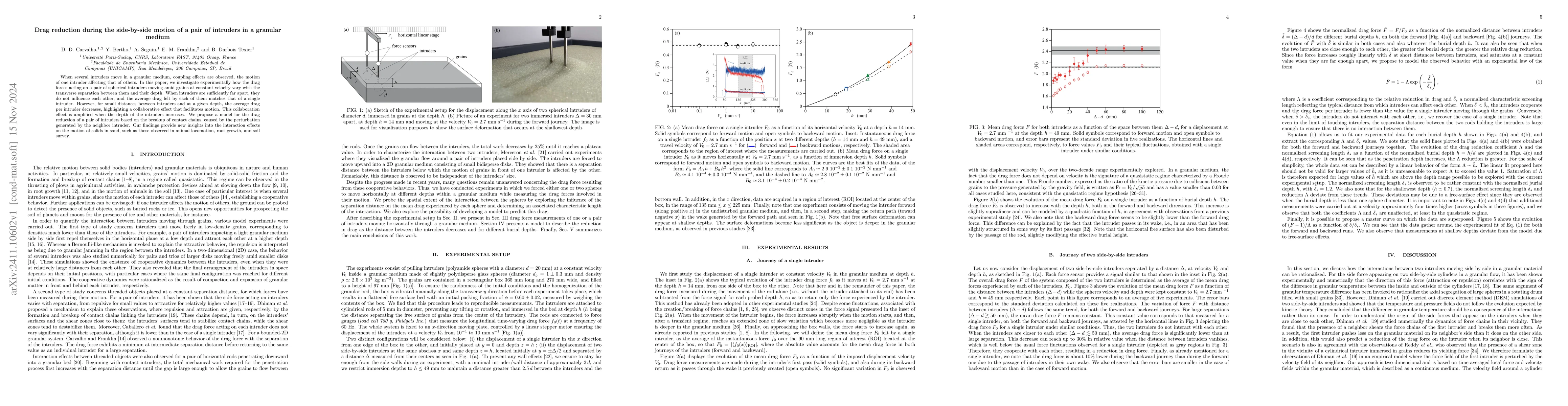 Thumbnail for Drag reduction during the side-by-side motion of a pair of intruders in
  a granular medium
