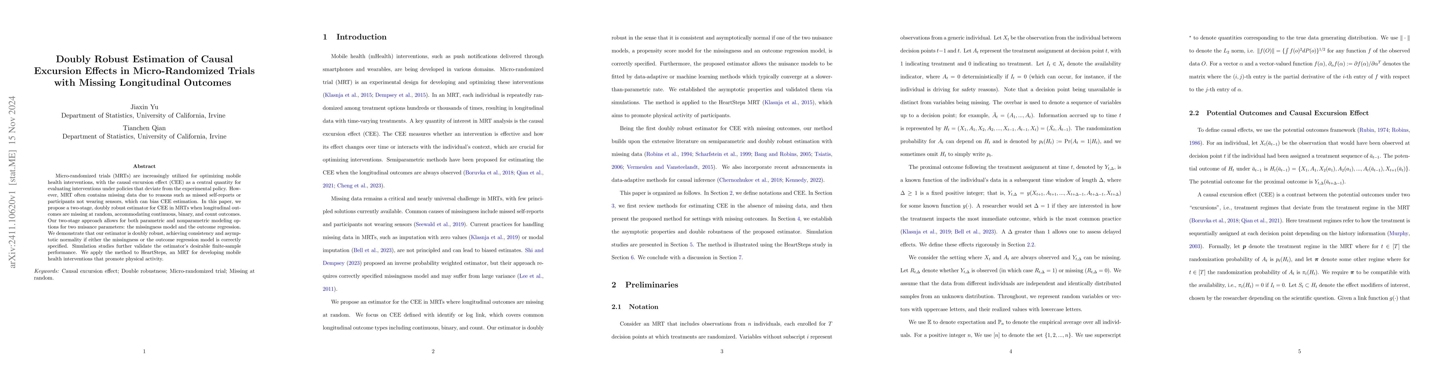 Thumbnail for Doubly Robust Estimation of Causal Excursion Effects in Micro-Randomized
  Trials with Missing Longitudinal Outcomes