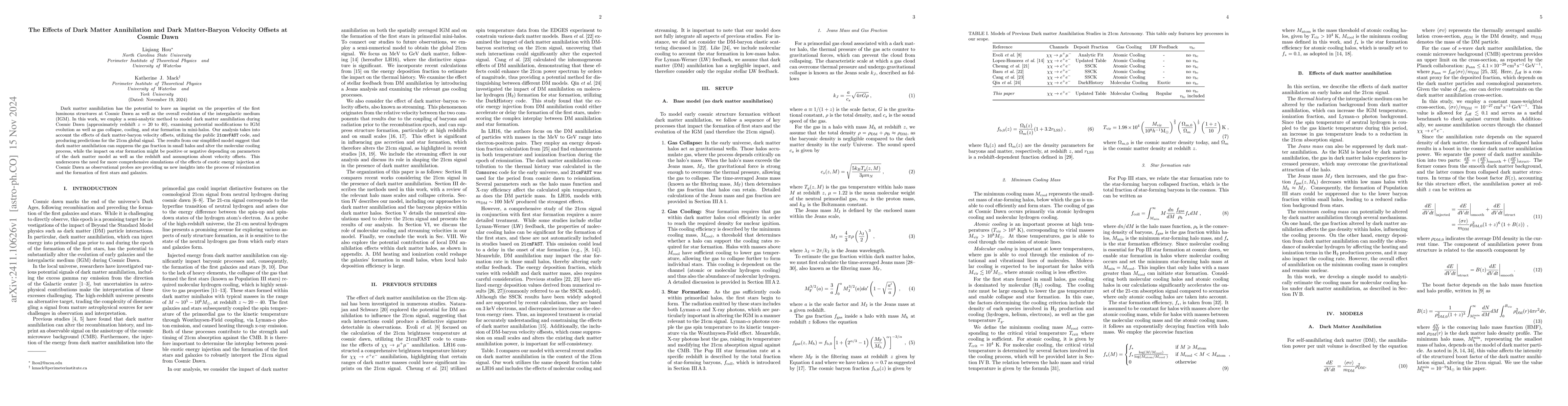 Thumbnail for The Effects of Dark Matter Annihilation and Dark Matter-Baryon Velocity
  Offsets at Cosmic Dawn