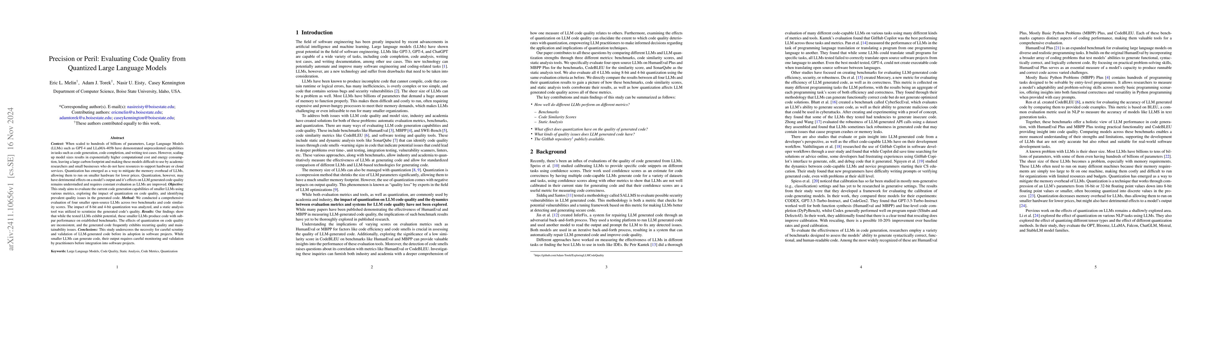 Thumbnail for Precision or Peril: Evaluating Code Quality from Quantized Large
  Language Models