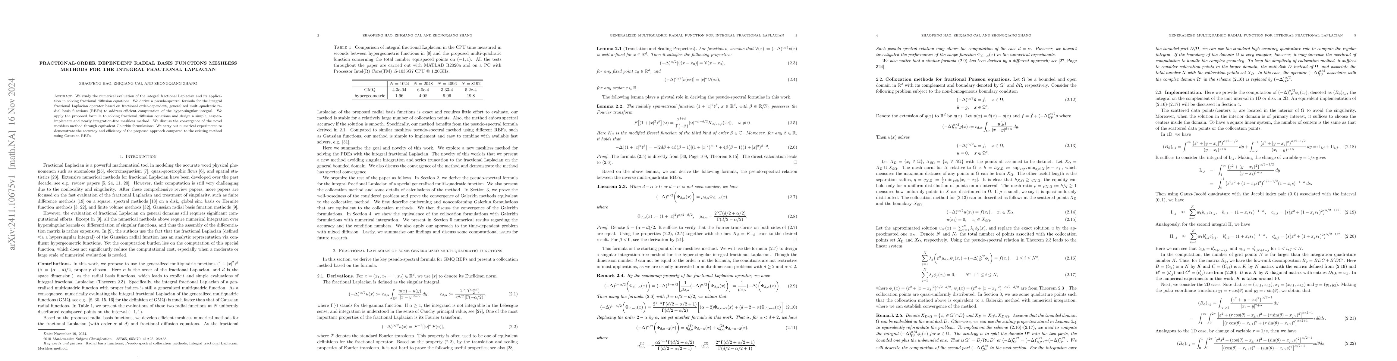 Thumbnail for Fractional-order dependent Radial basis functions meshless methods for
  the integral fractional Laplacian