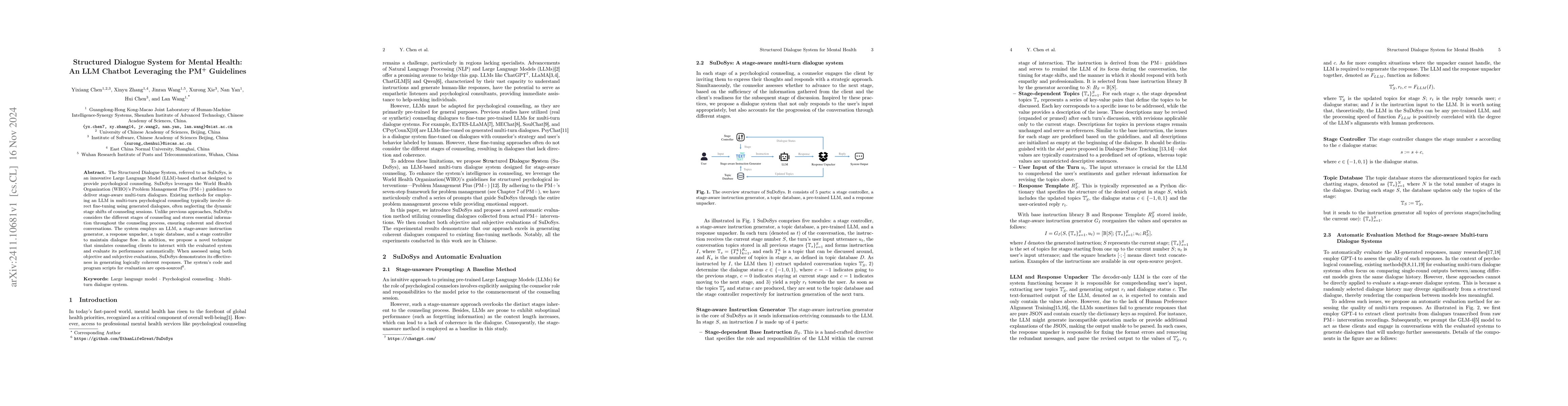 Thumbnail for Structured Dialogue System for Mental Health: An LLM Chatbot Leveraging
  the PM+ Guidelines