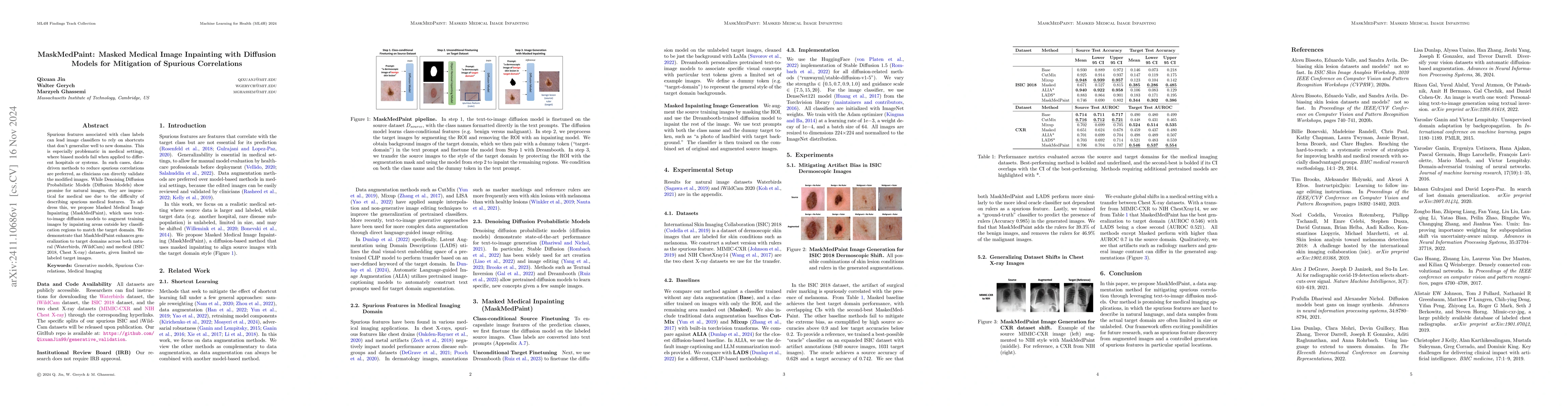 Thumbnail for MaskMedPaint: Masked Medical Image Inpainting with Diffusion Models for
  Mitigation of Spurious Correlations