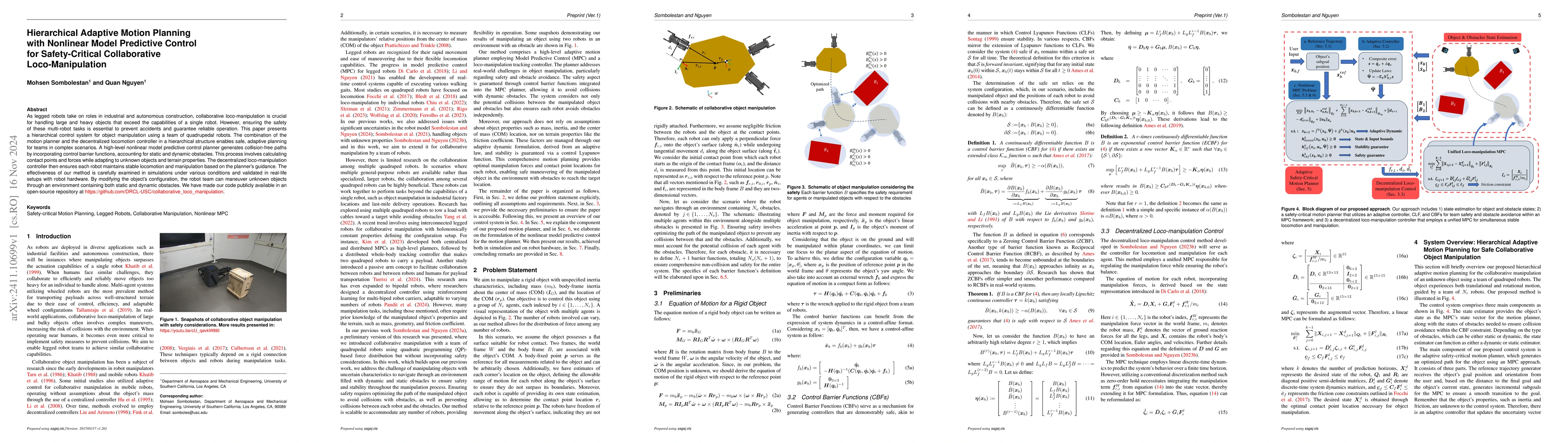 Thumbnail for Hierarchical Adaptive Motion Planning with Nonlinear Model Predictive
  Control for Safety-Critical Collaborative Loco-Manipulation