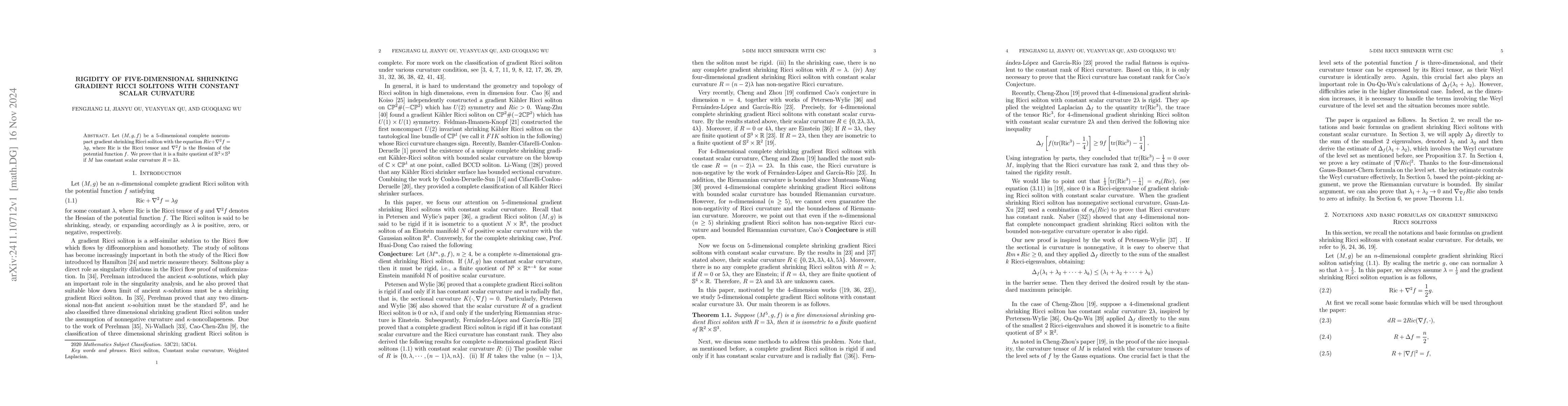 Thumbnail for Rigidity of Five-dimensional Shrinking Gradient Ricci Solitons with
  Constant Scalar Curvature