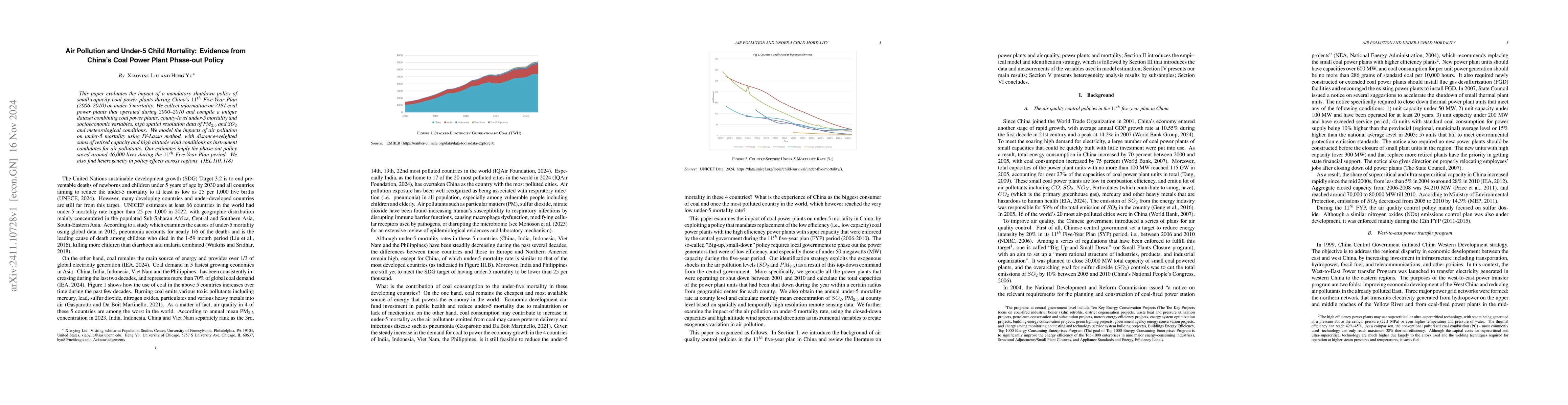 Thumbnail for Air Pollution and Under-5 Child Mortality: Evidence from China's Coal
  Power Plant Phase-out Policy
