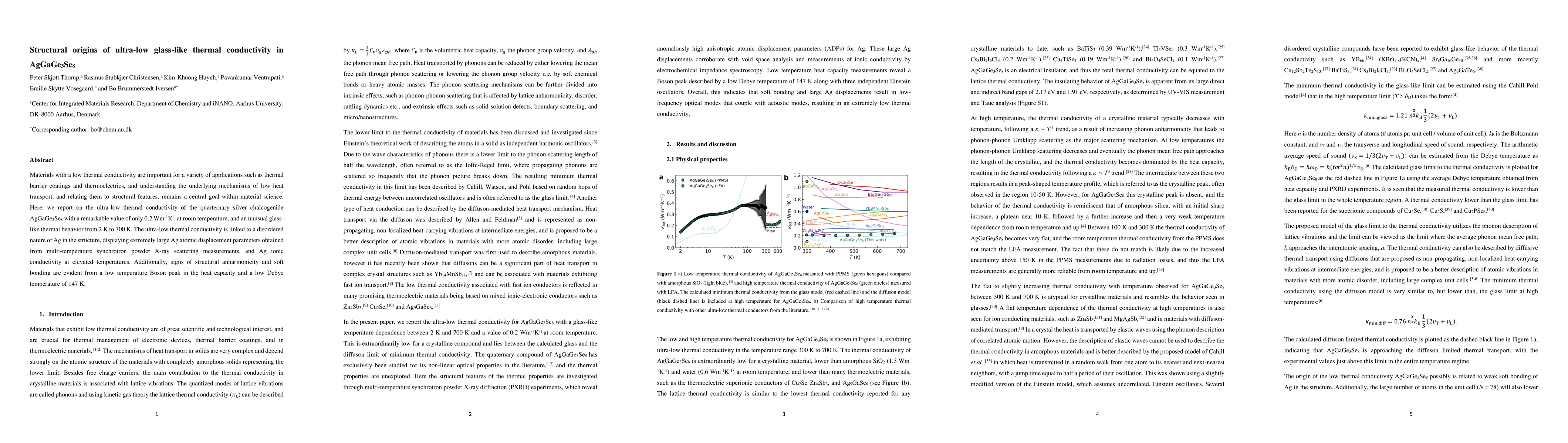 Thumbnail for Structural origins of ultra-low glass-like thermal conductivity in
  AgGaGe3Se8