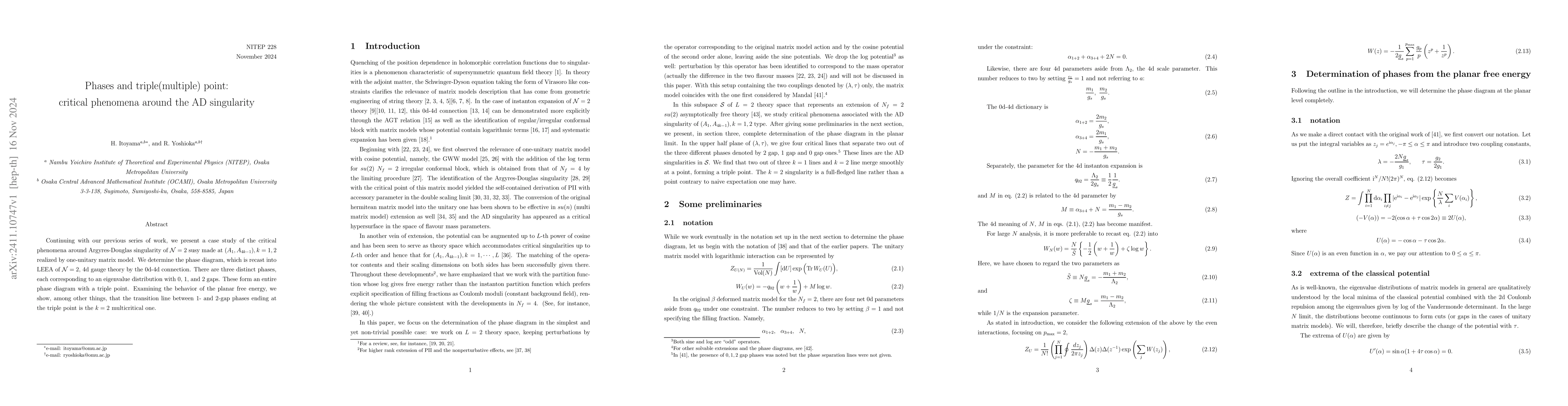 Thumbnail for Phases and triple(multiple) point: critical phenomena around the AD
  singularity