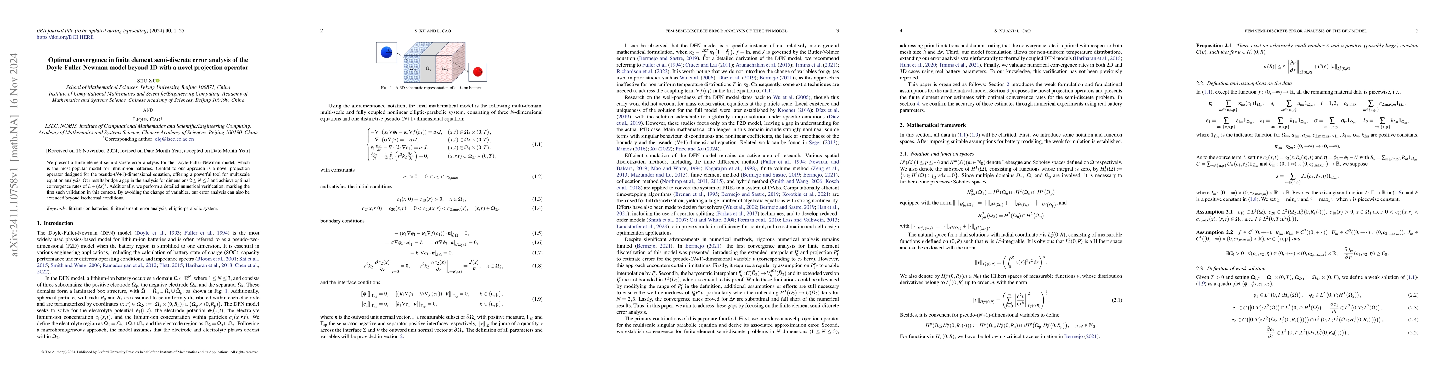 Thumbnail for Optimal convergence in finite element semi-discrete error analysis of
  the Doyle-Fuller-Newman model beyond 1D with a novel projection operator