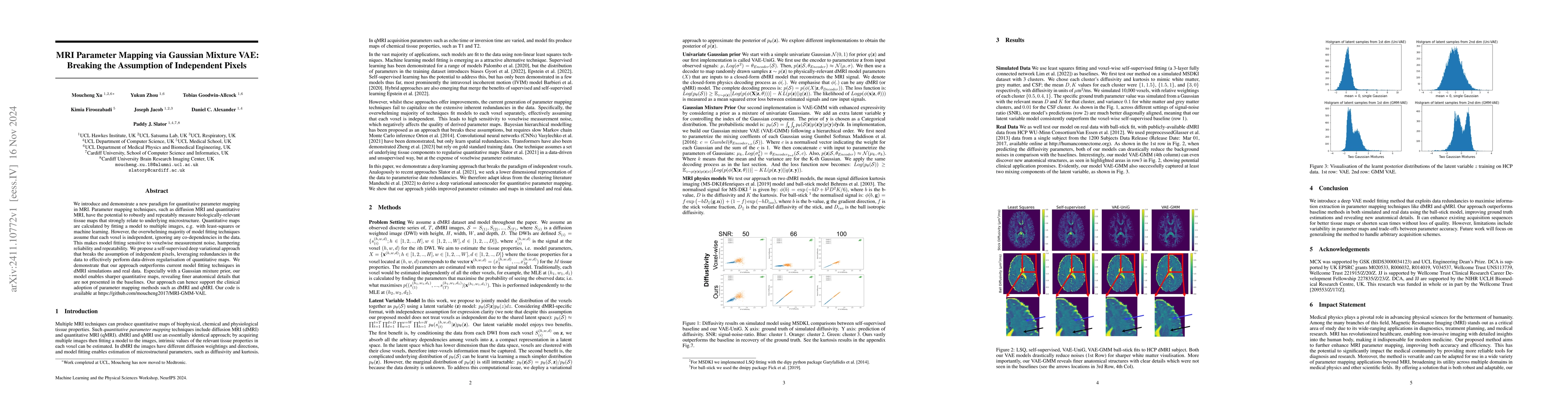 Thumbnail for MRI Parameter Mapping via Gaussian Mixture VAE: Breaking the Assumption
  of Independent Pixels