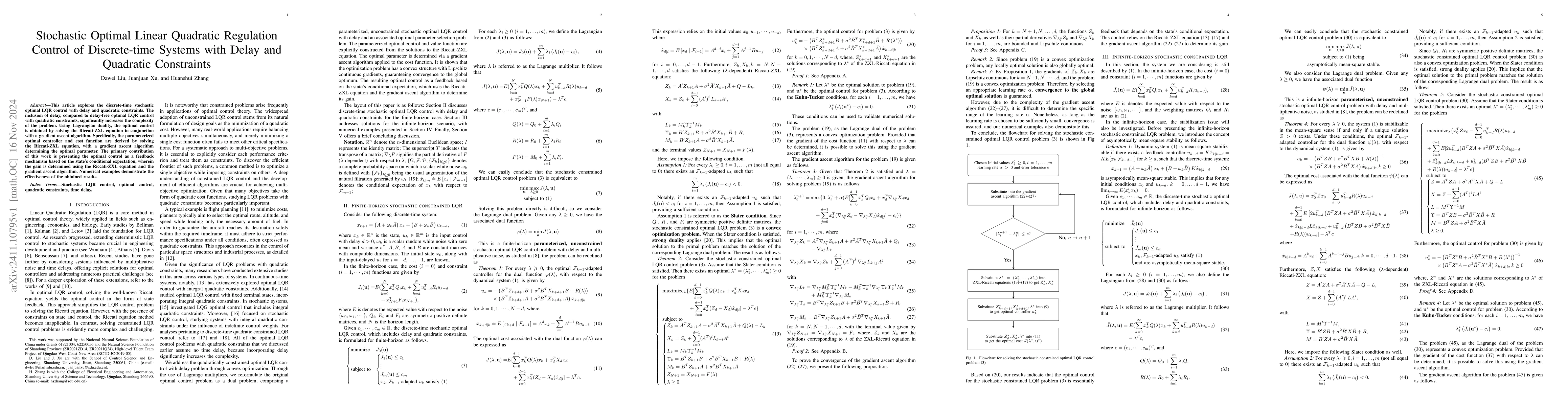 Thumbnail for Stochastic Optimal Linear Quadratic Regulation Control of Discrete-time
  Systems with Delay and Quadratic Constraints