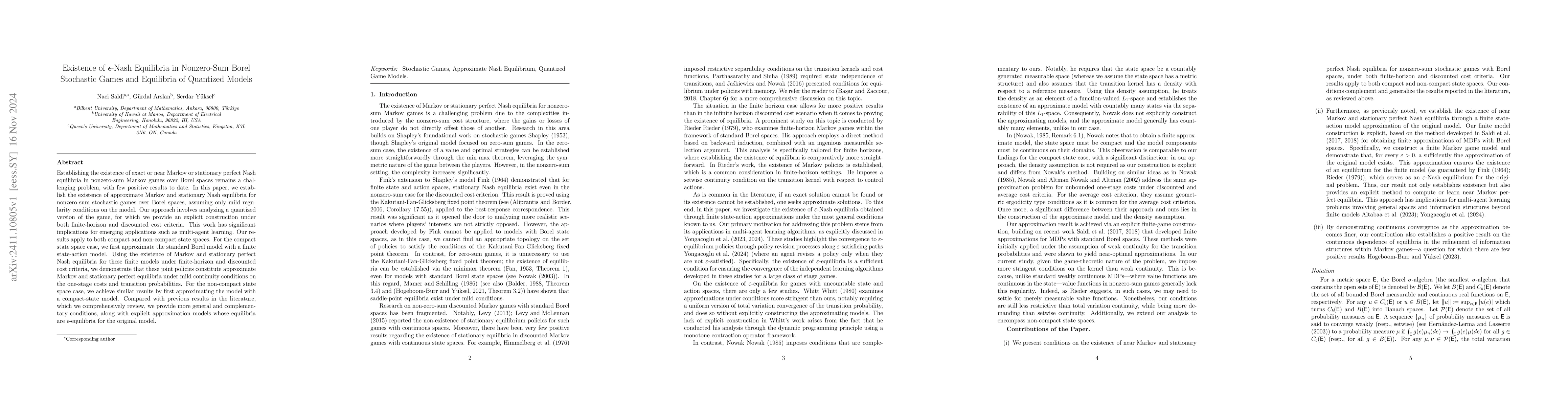 Thumbnail for Existence of $ε$-Nash Equilibria in Nonzero-Sum Borel Stochastic
  Games and Equilibria of Quantized Models