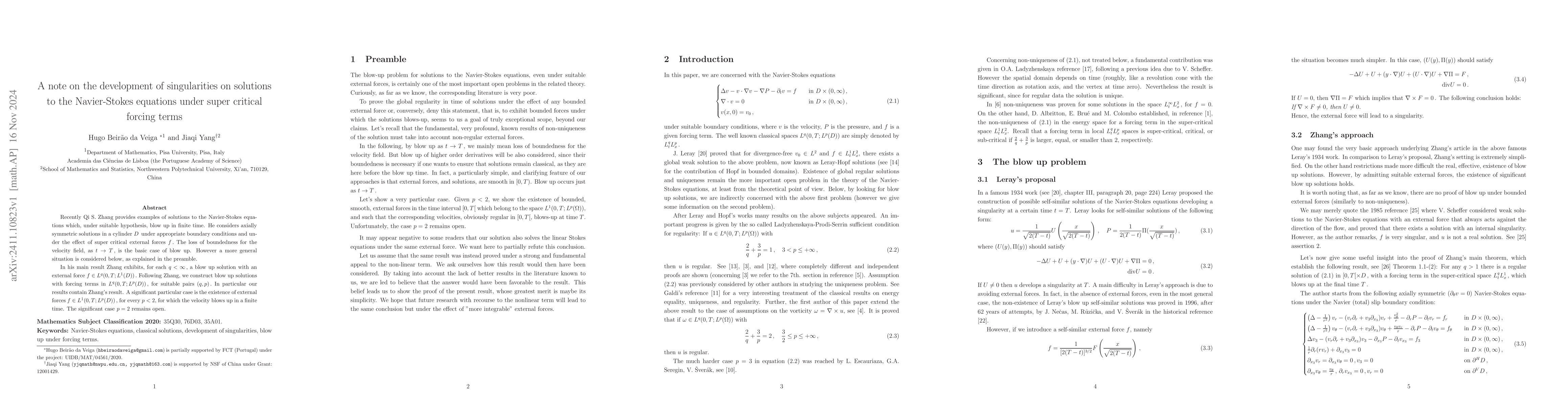 Thumbnail for A note on the development of singularities on solutions to the
  Navier-Stokes equations under super critical forcing terms