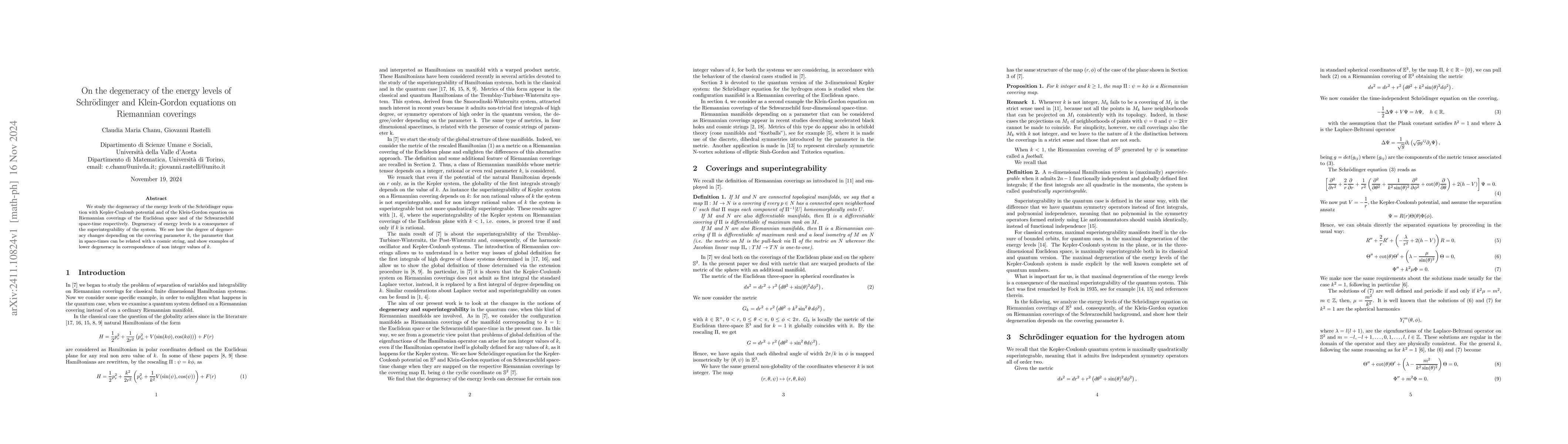 Thumbnail for On the degeneracy of the energy levels of Schroedinger and Klein-Gordon
  equations on Riemannian coverings