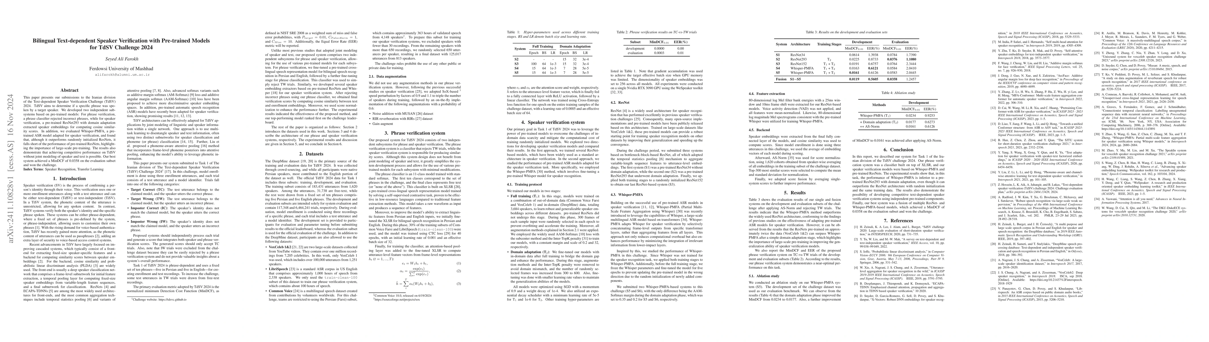 Thumbnail for Bilingual Text-dependent Speaker Verification with Pre-trained Models
  for TdSV Challenge 2024