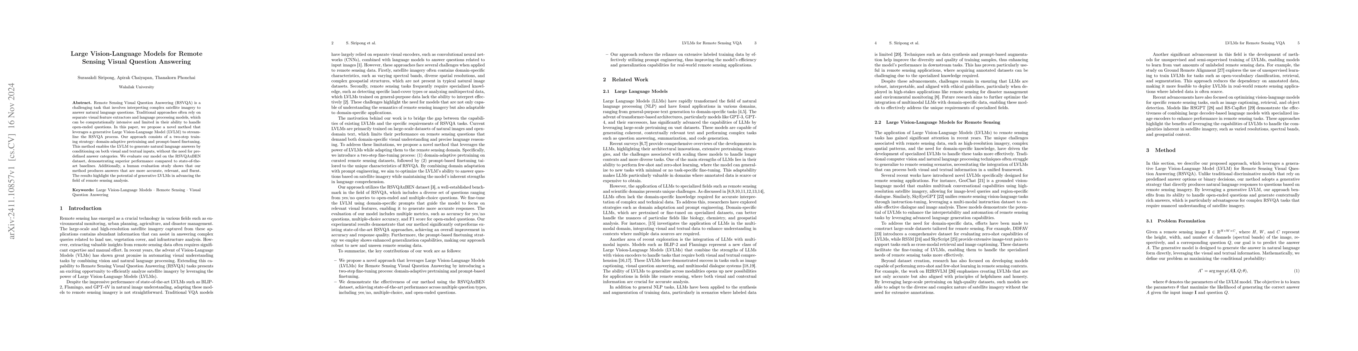 Thumbnail for Large Vision-Language Models for Remote Sensing Visual Question
  Answering