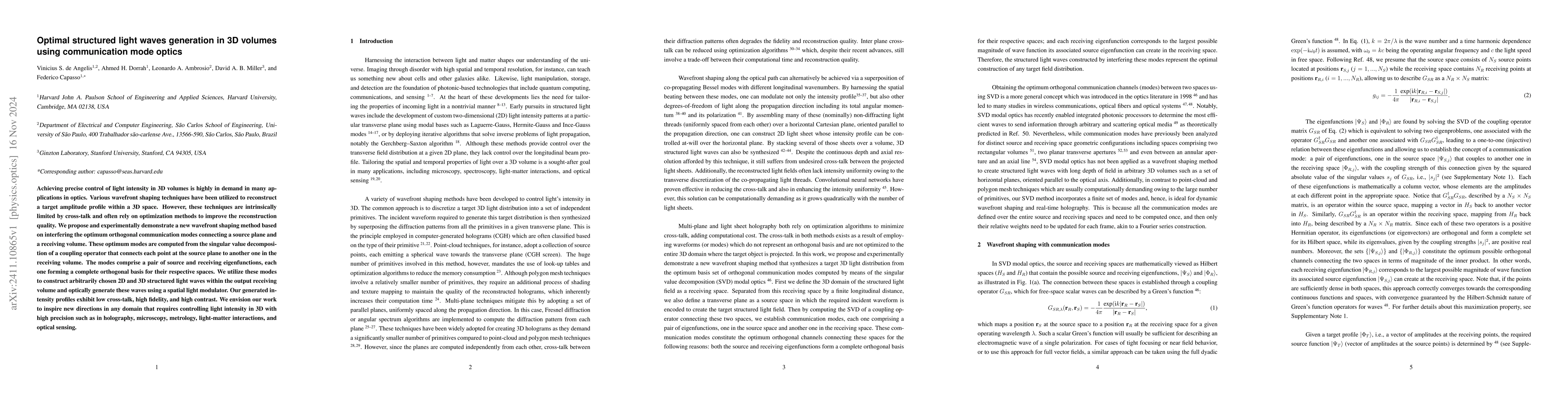 Thumbnail for Optimal structured light waves generation in 3D volumes using
  communication mode optics