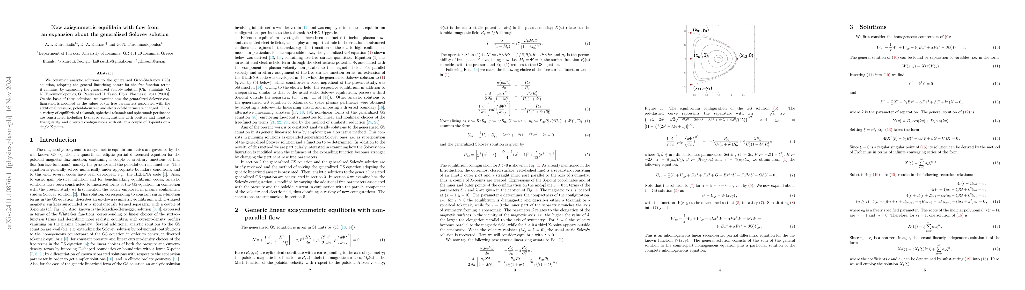 Thumbnail for New axisymmetric equilibria with flow from an expansion about the
  generalized Solov'ev solution