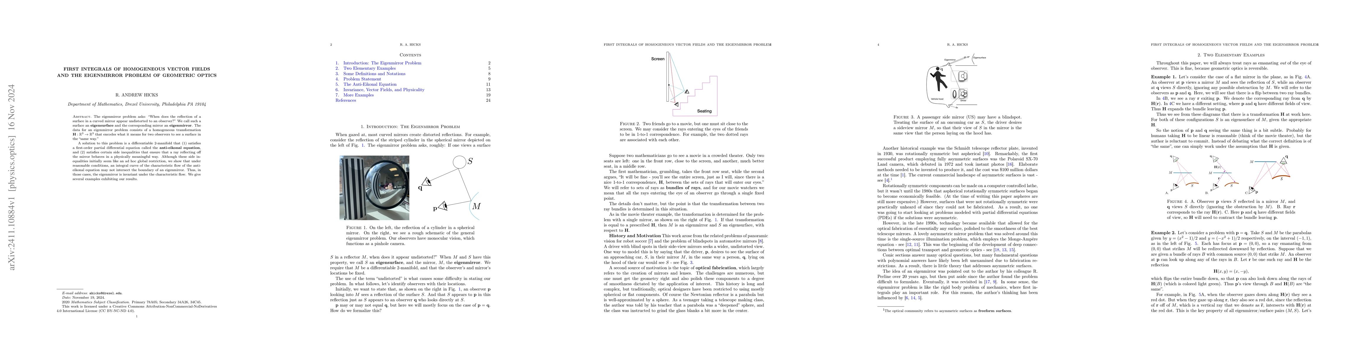 Thumbnail for First Integrals of Homogeneous Vector Fields and the Eigenmirror Problem
  of Geometric Optics