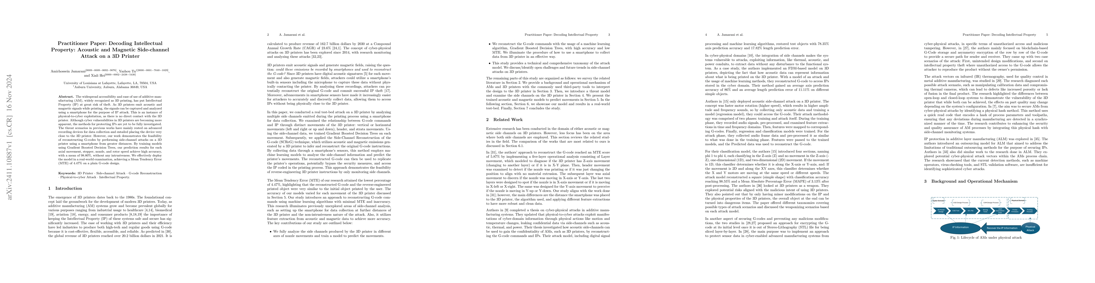 Thumbnail for Practitioner Paper: Decoding Intellectual Property: Acoustic and
  Magnetic Side-channel Attack on a 3D Printer