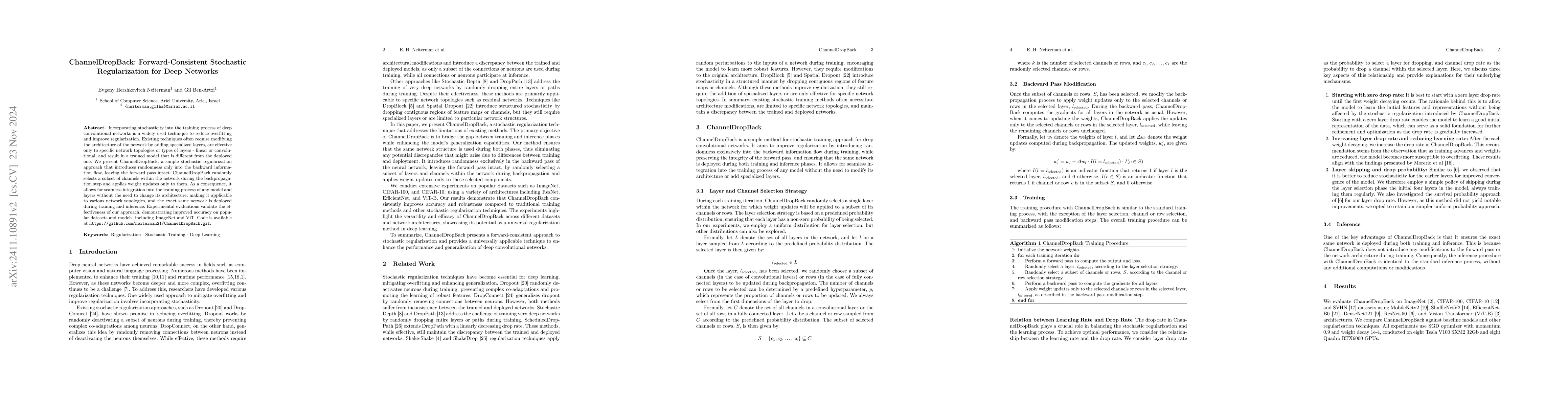 Thumbnail for ChannelDropBack: Forward-Consistent Stochastic Regularization for Deep
  Networks