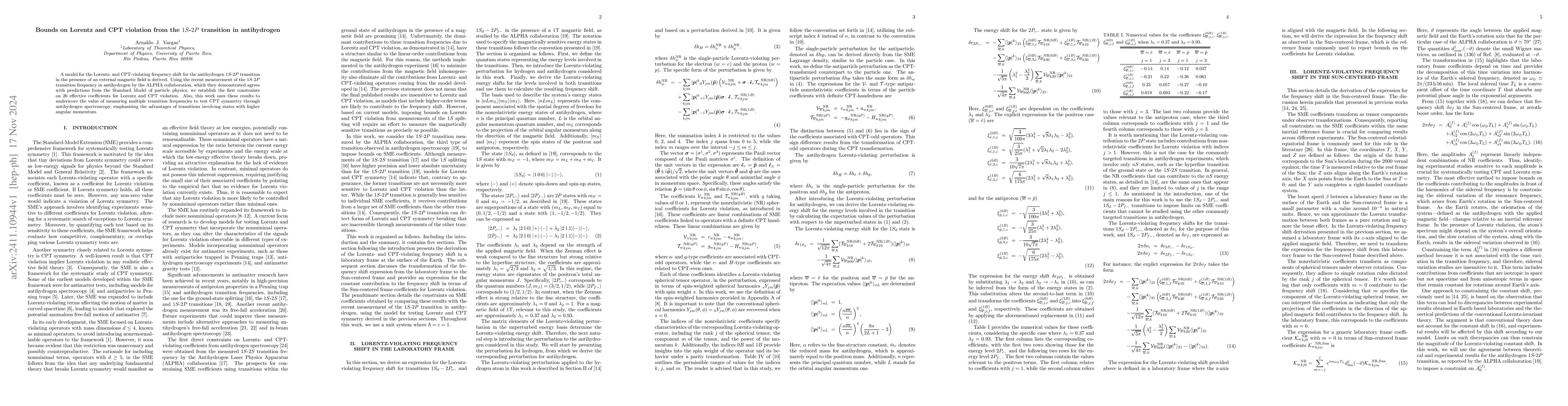 Thumbnail for Bounds on Lorentz and CPT violation from the $1S$-$2P$ transition in
  antihydrogen