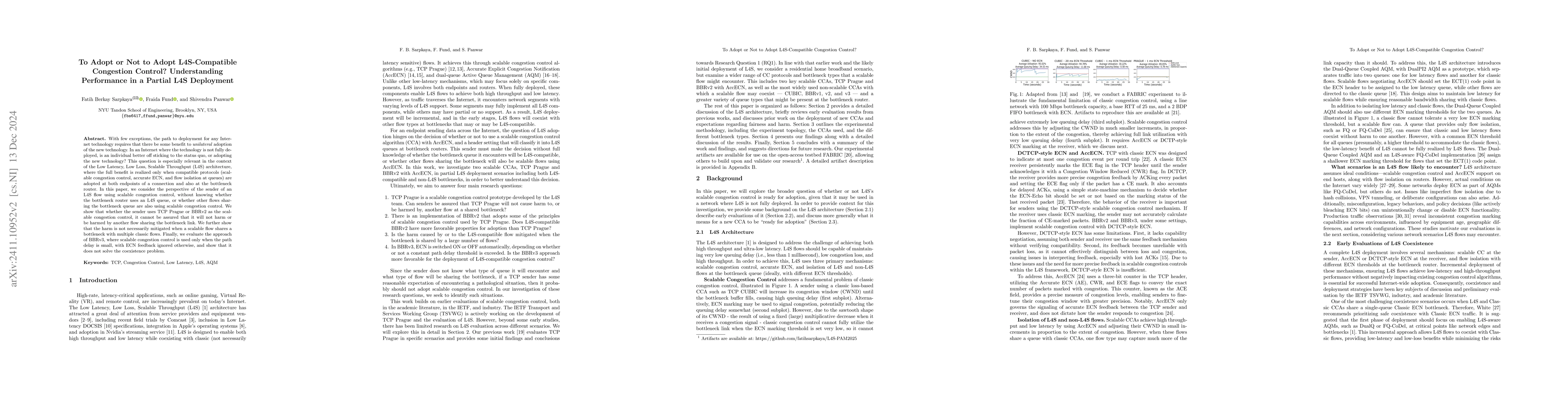 Thumbnail for To Adopt or Not to Adopt L4S-compatible Congestion Control?
  Understanding Performance in a Partial L4S Deployment