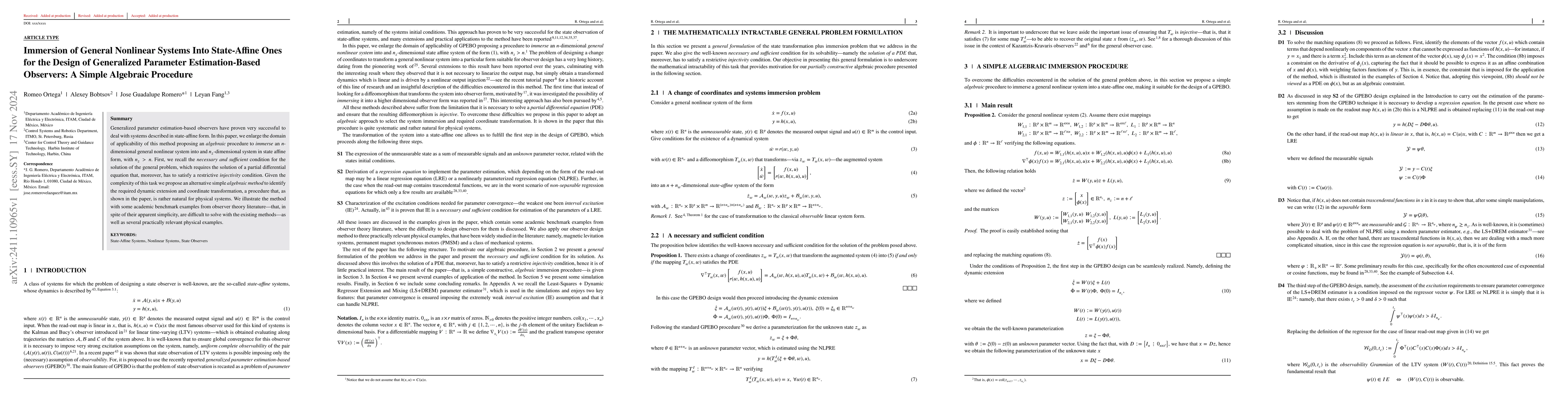 Thumbnail for Immersion of General Nonlinear Systems Into State-Affine Ones for the
  Design of Generalized Parameter Estimation-Based Observers: A Simple
  Algebraic Procedure