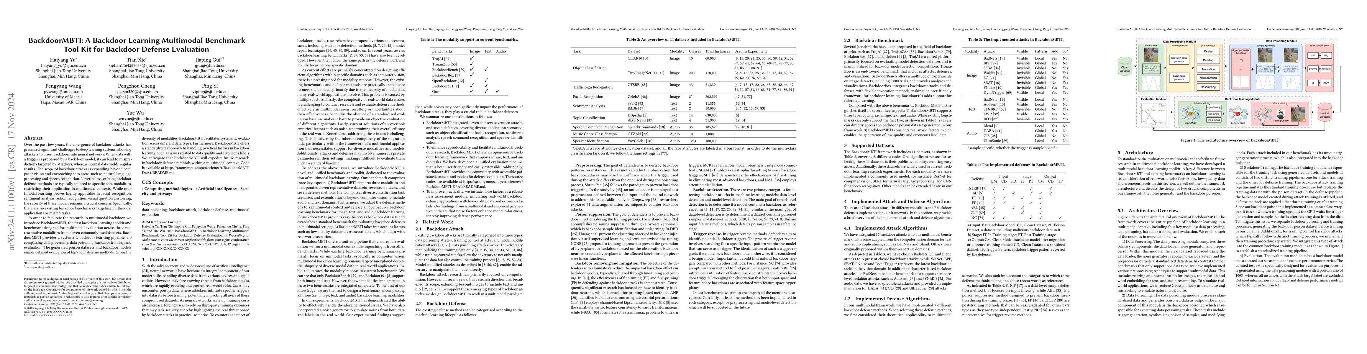 Thumbnail for BackdoorMBTI: A Backdoor Learning Multimodal Benchmark Tool Kit for
  Backdoor Defense Evaluation
