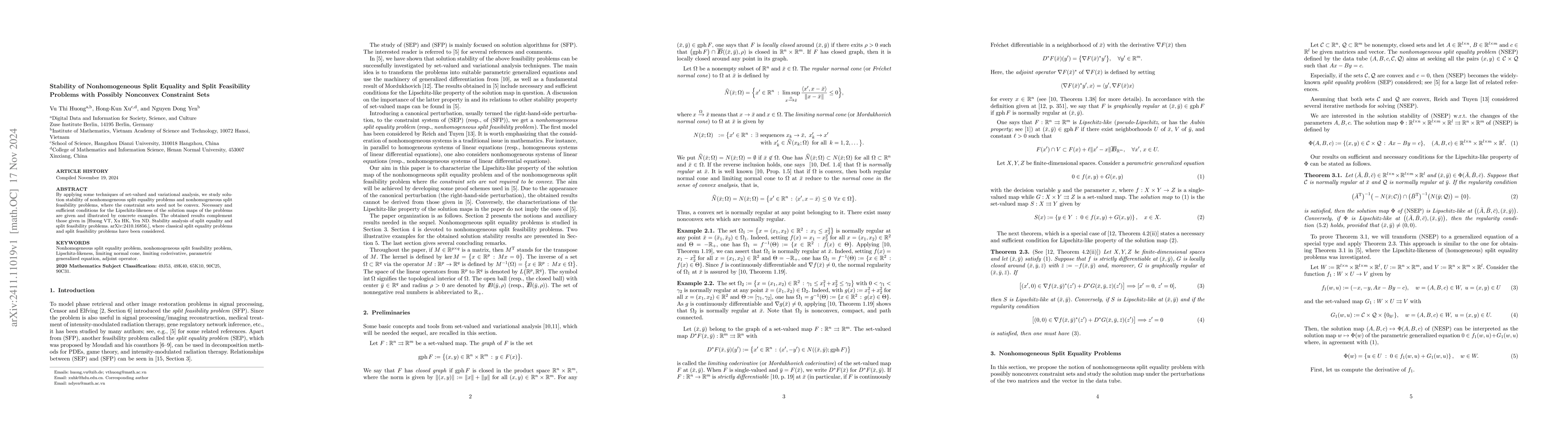 Thumbnail for Stability of Nonhomogeneous Split Equality and Split Feasibility
  Problems with Possibly Nonconvex Constraint Sets